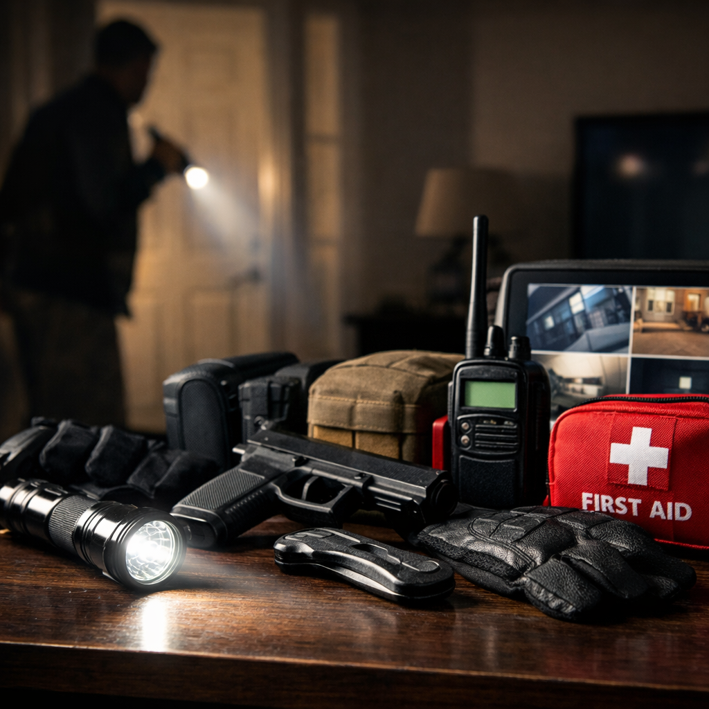 home defense preparedness gear including flashlight radio first aid kit and security equipment for protecting your home