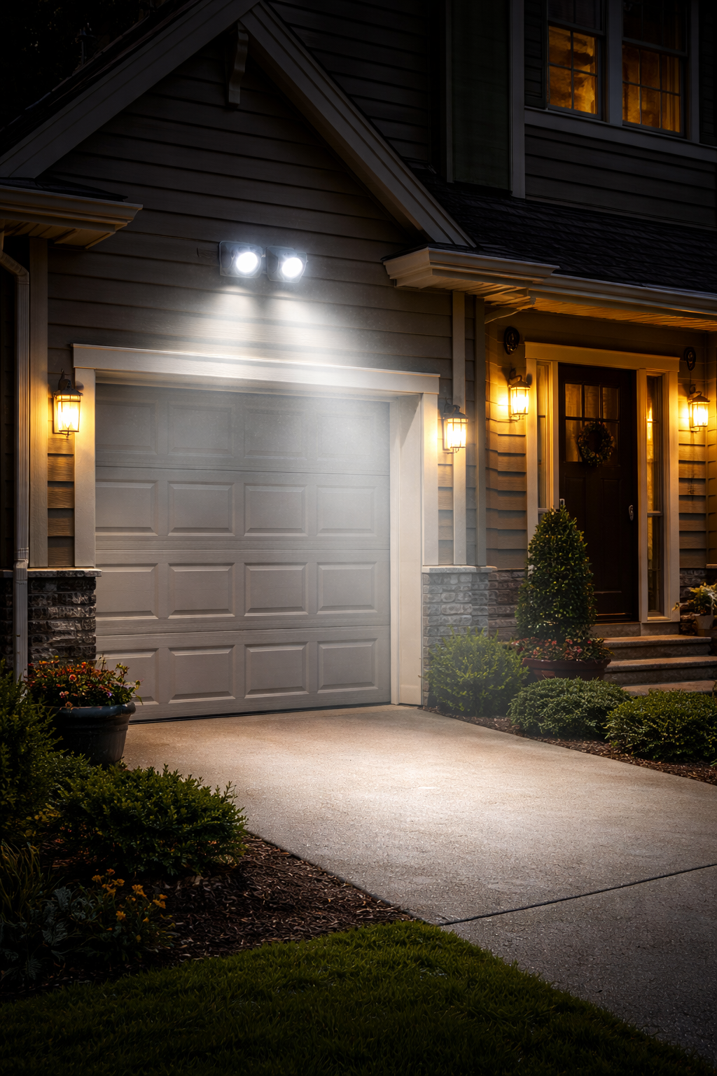 outdoor motion sensor security light illuminating a home's driveway at night for home security