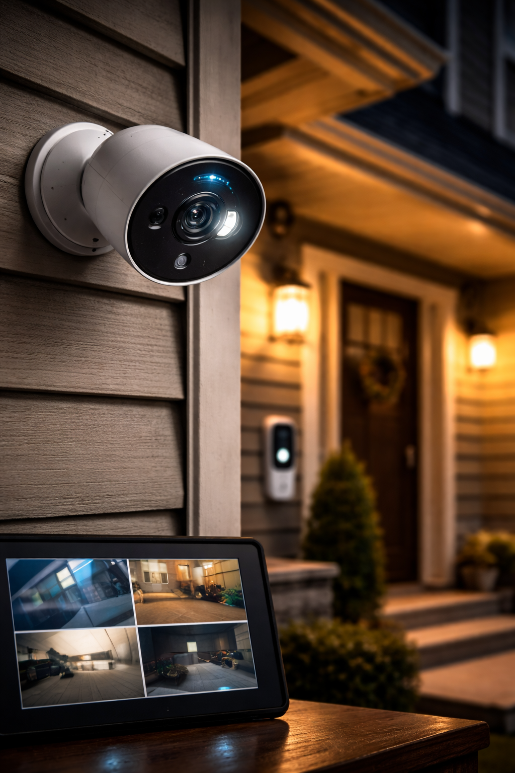 home security camera mounted outside a house monitoring property for safety