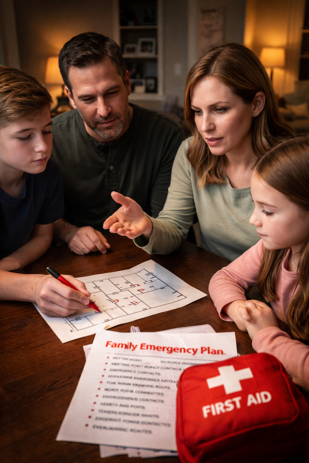family creating a home emergency safety plan together at the kitchen table