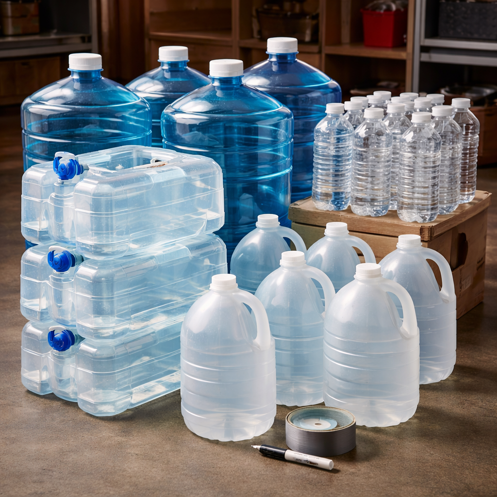 emergency water storage containers and gallon jugs stored for disaster preparedness