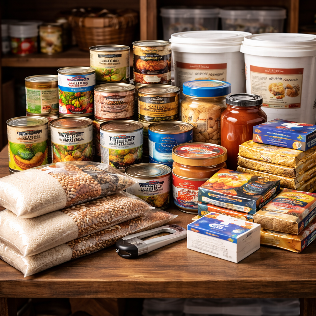 emergency food storage supplies including canned goods rice beans and non perishable foods