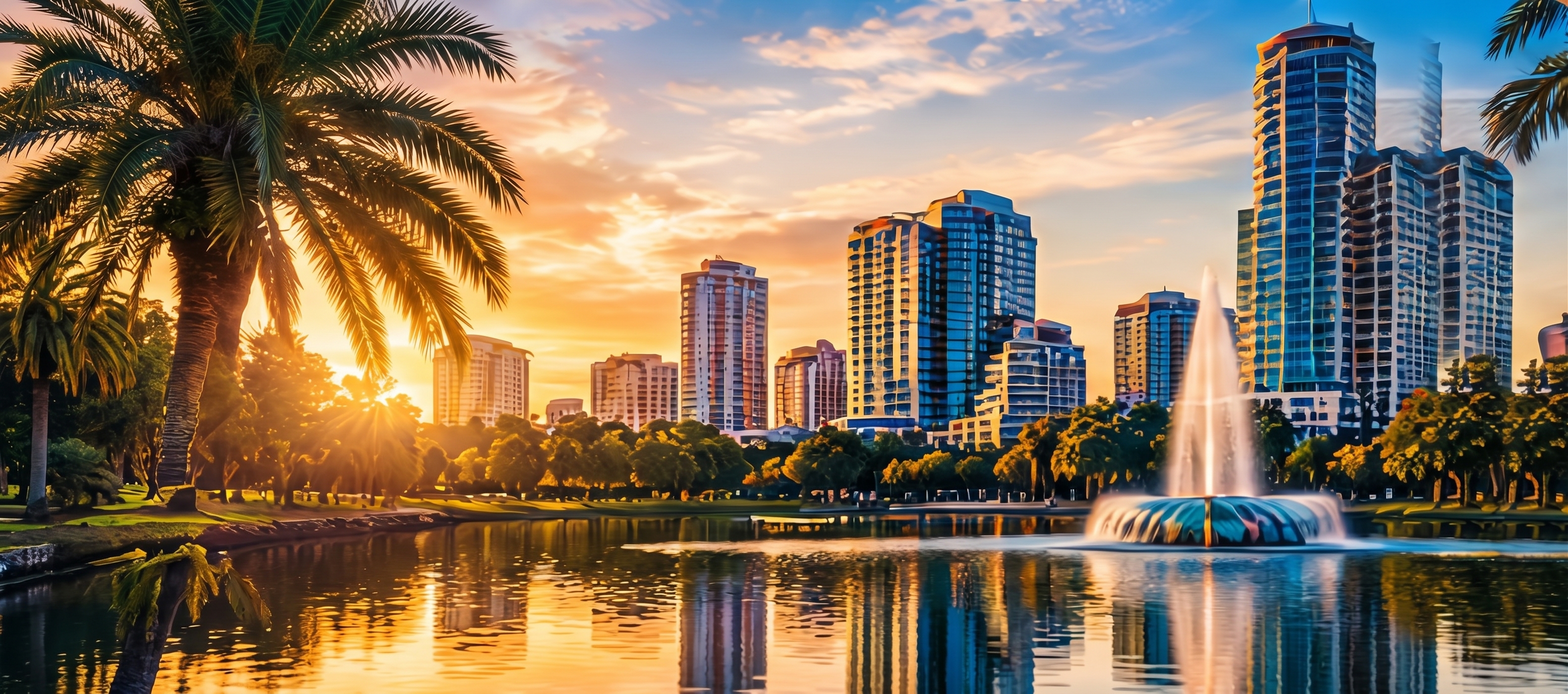 Skyline de Orlando, Florida, al atardecer junto al lago y la fuente