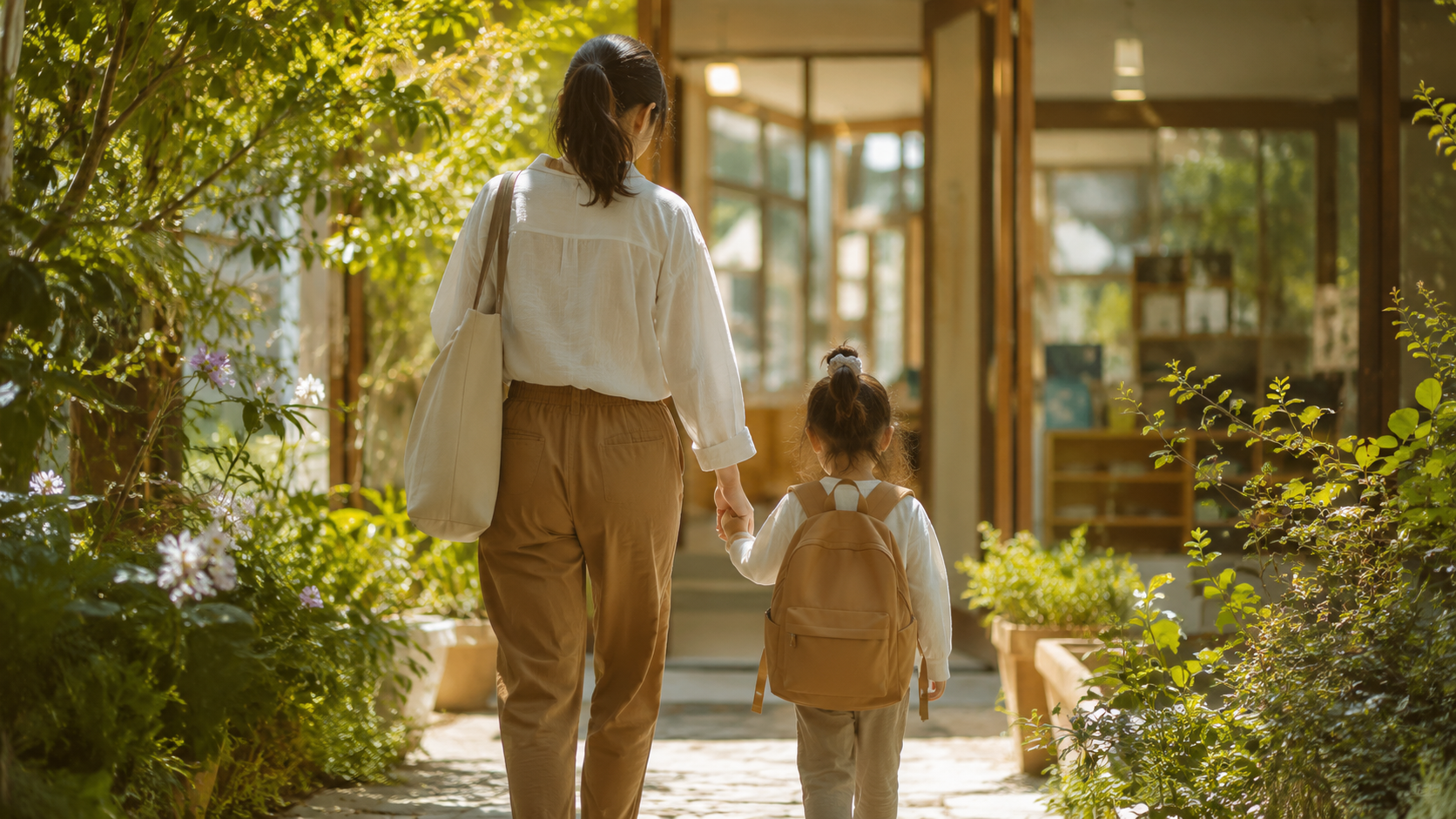 A parent and child walking together toward a bright, welcoming school entrance