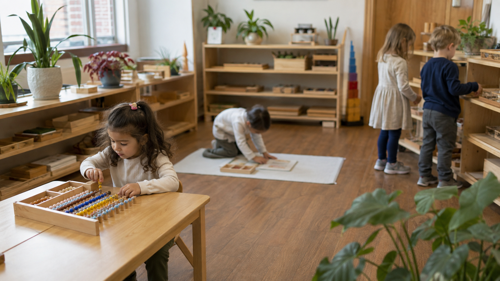 Children working independently at low tables and floor mats in a bright, orderly Montessori classroom