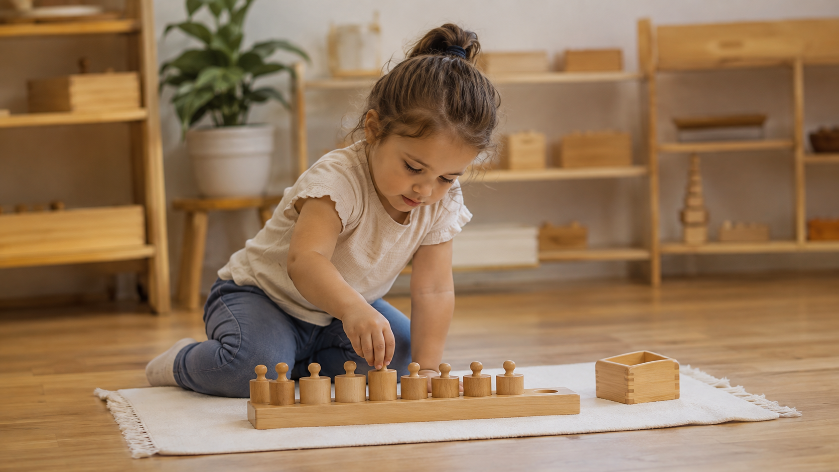 A young child concentrating on a hands-on Montessori material at a low wooden shelf