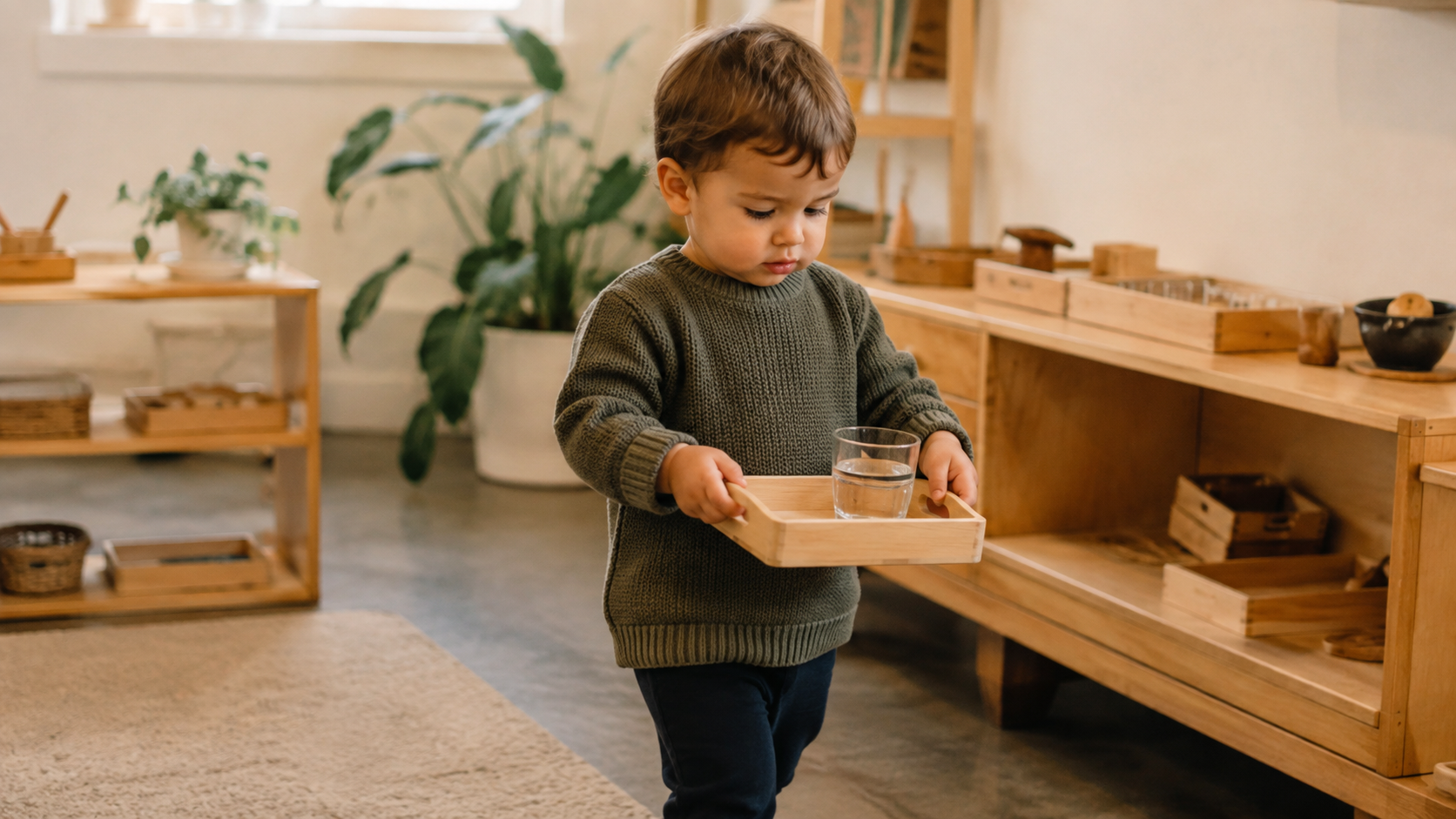 A toddler carefully carrying a small tray across a classroom, focused on the task