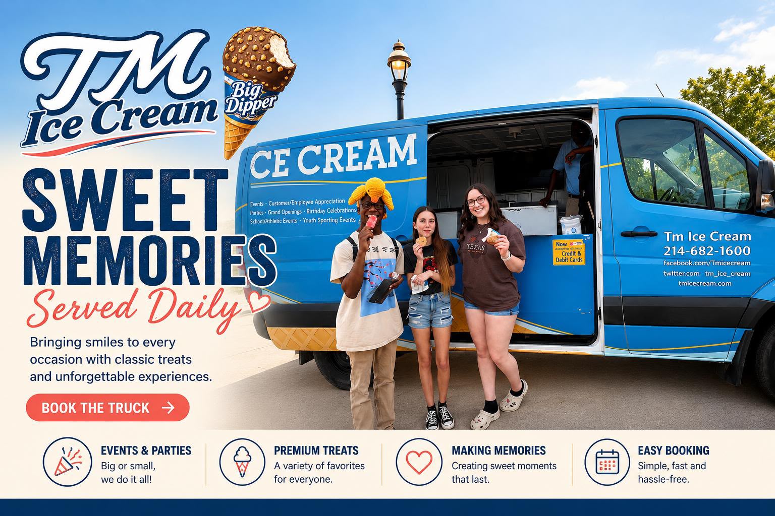 TM Ice Cream truck parked with the Dallas skyline in the background