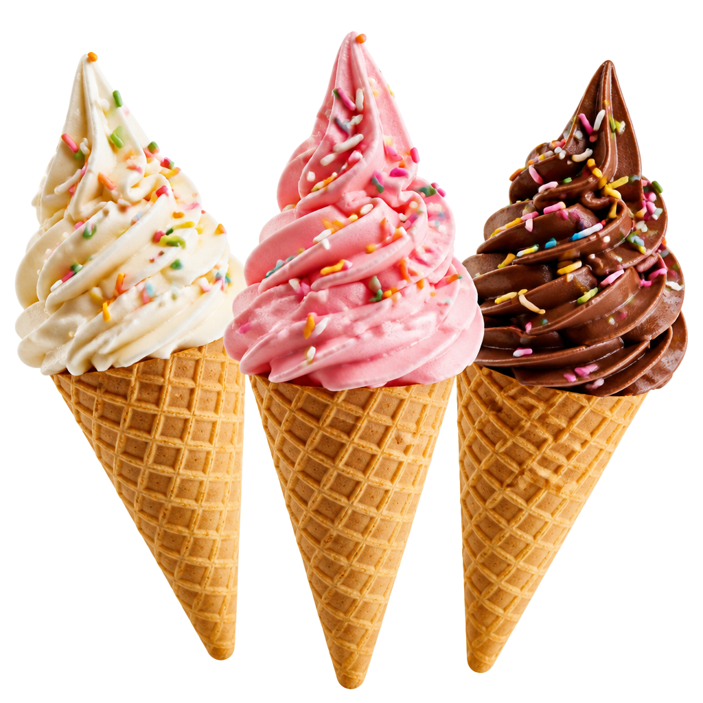 Three soft-serve ice cream cones with sprinkles