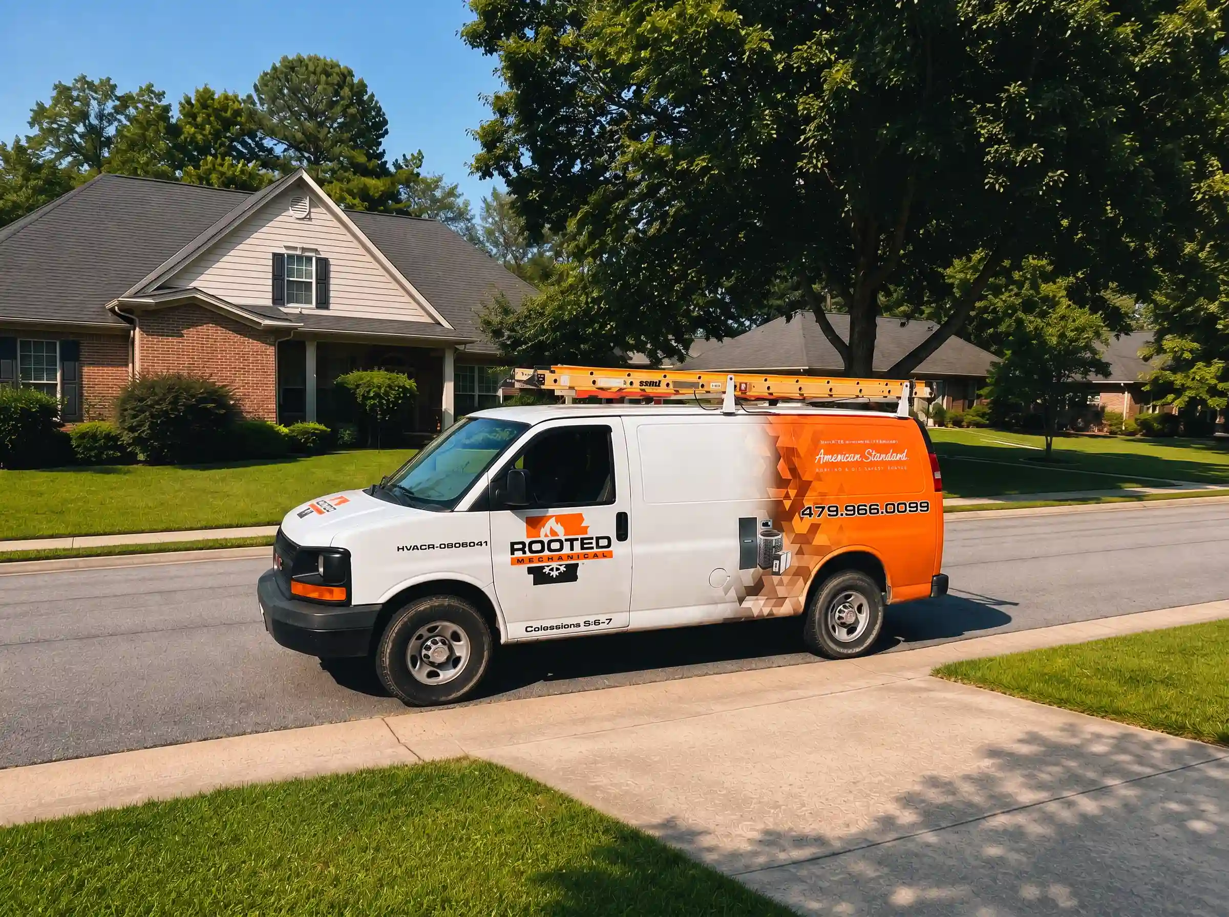 Rooted Mechanical Heating and Air service van at a jobsite in Northwest Arkansas