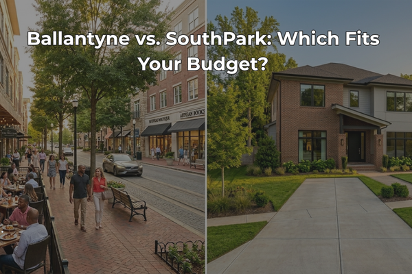 Split image showing a walkable SouthPark retail and dining streetscape on the left and a wide Ballantyne suburban driveway leading to a brick home on the right