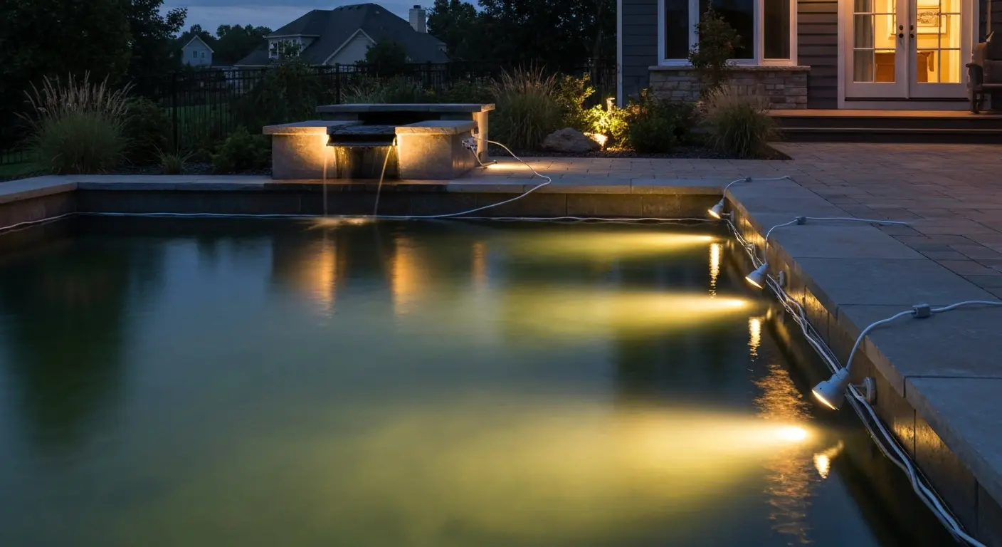 Underwater lighting illuminating a water feature at night