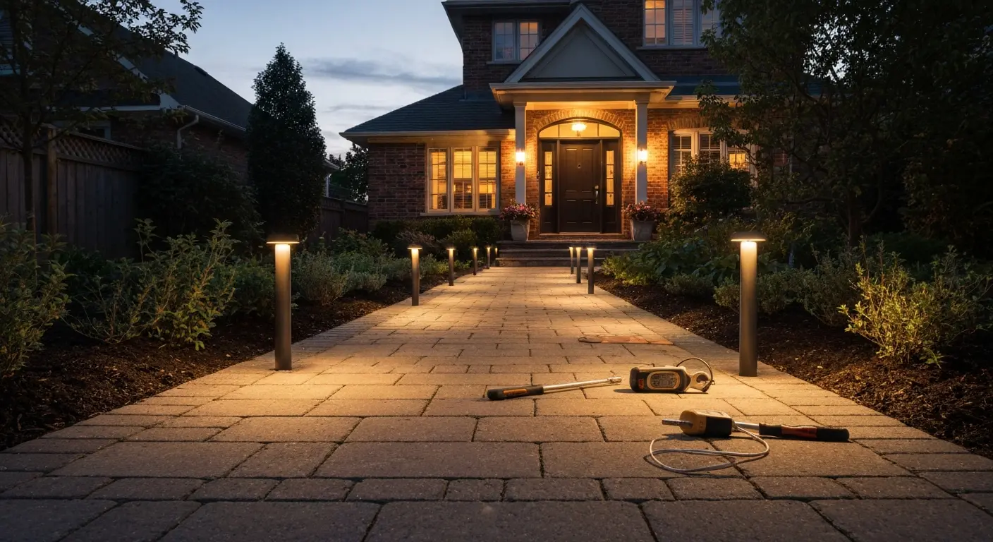 Low-level pathway lighting along a walkway