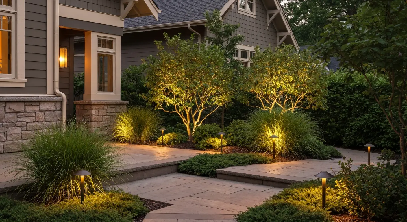 Landscape lighting and plantings around patio