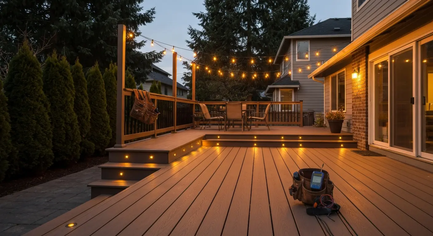 Warm lighting on a backyard patio and deck area