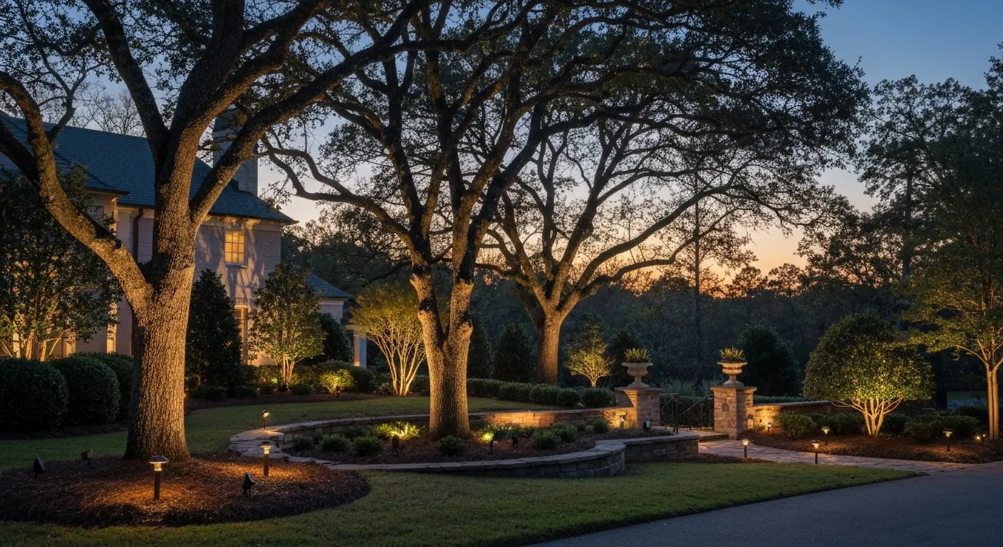 Accent lighting on trees and landscaping