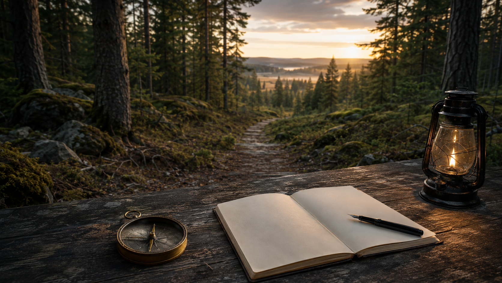 Et kompas, en åben notesbog og en lanterne ved begyndelsen af en skovsti