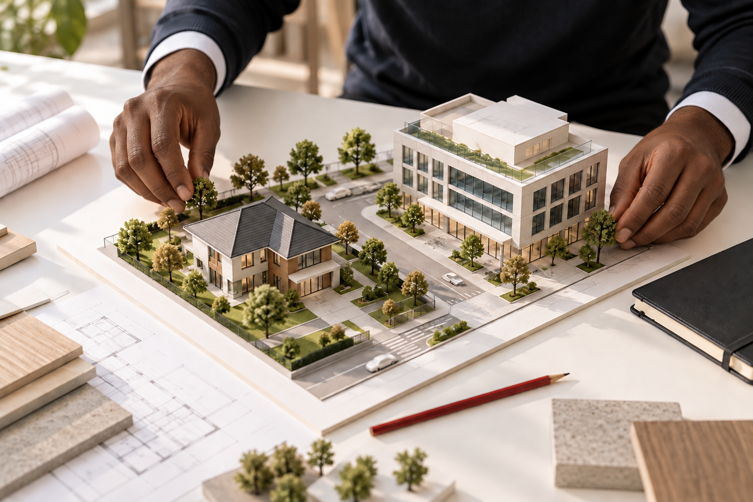 Architectural models of a home and commercial property arranged into one plan