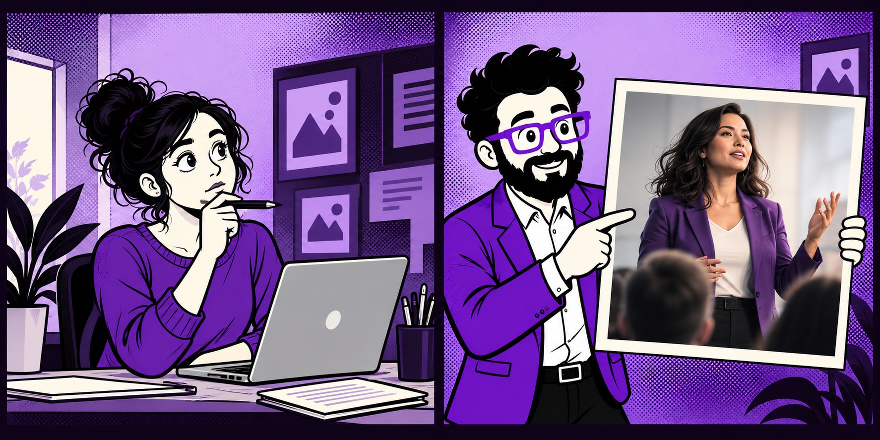 A marketer describes her post. Cartoon Daryl presents an image of a woman confidently addressing a room.