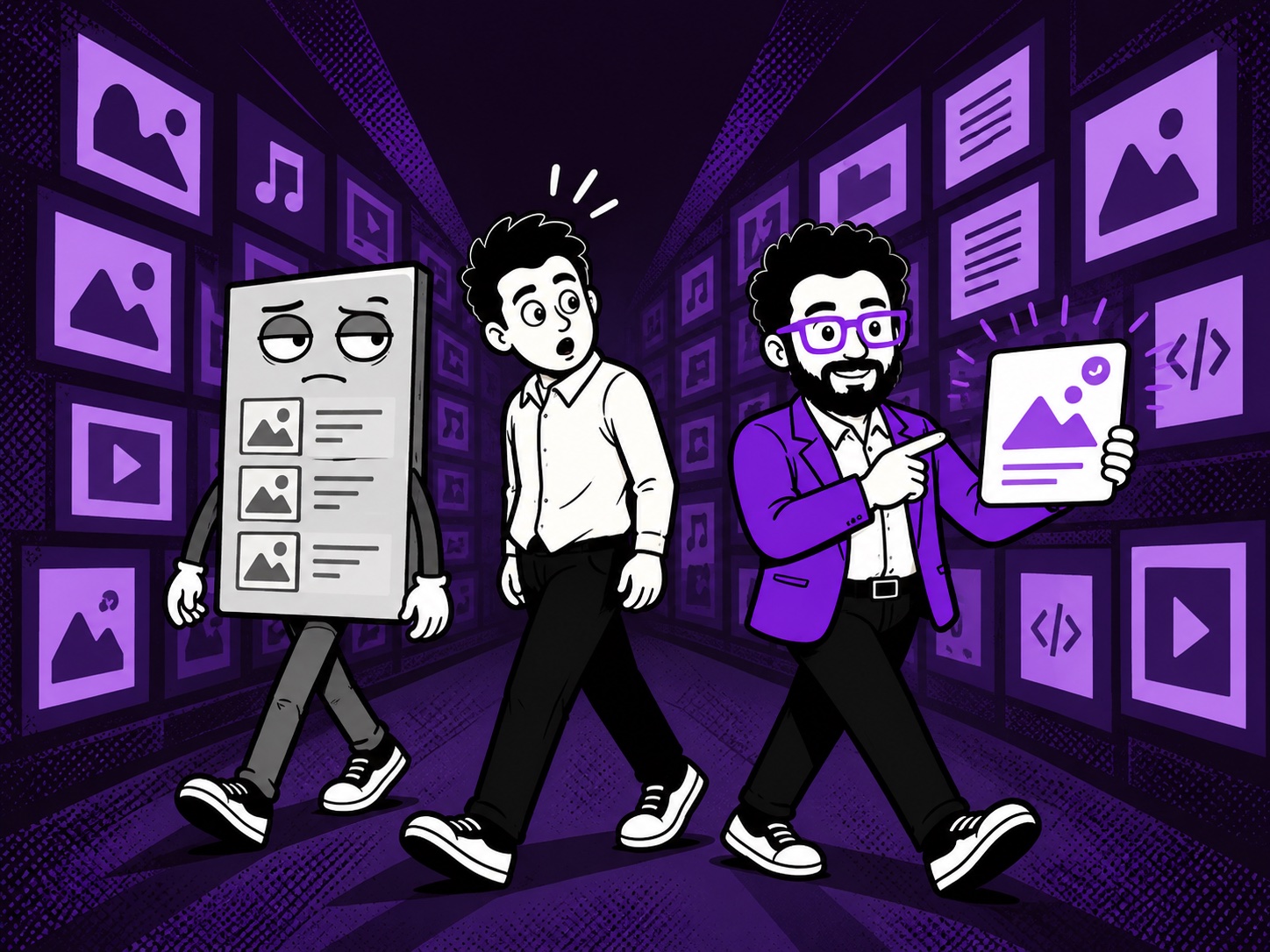 Cartoon Daryl helps a marketer choose an asset from the library.