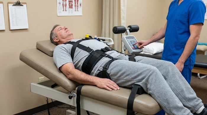 Man in a spinal decompression machine in Tucson AZ