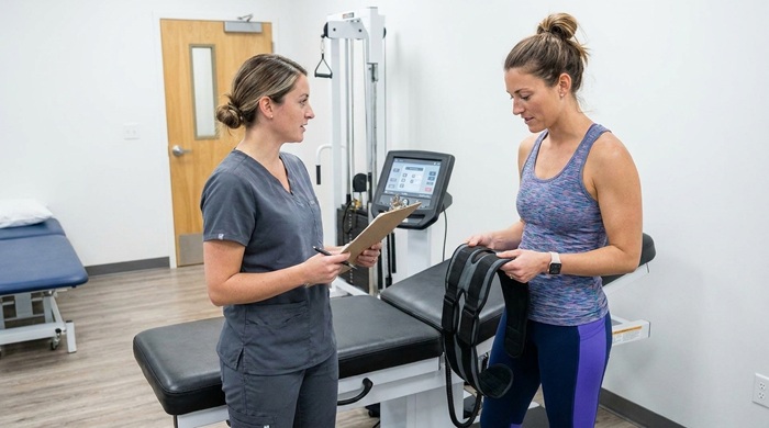 
chiropractor talking to patient after finishing spinal decompression treatment