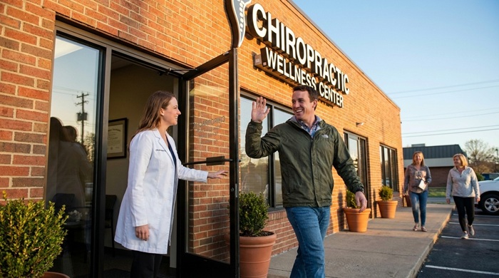 happy man leaving chiropractic office after getting treatment