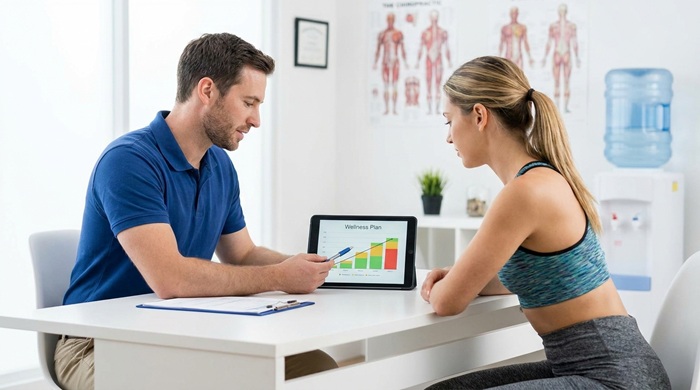 Chiropractor helping patient with her weight loss program