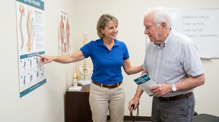 Chiropractor advising an old patient on healthy tips