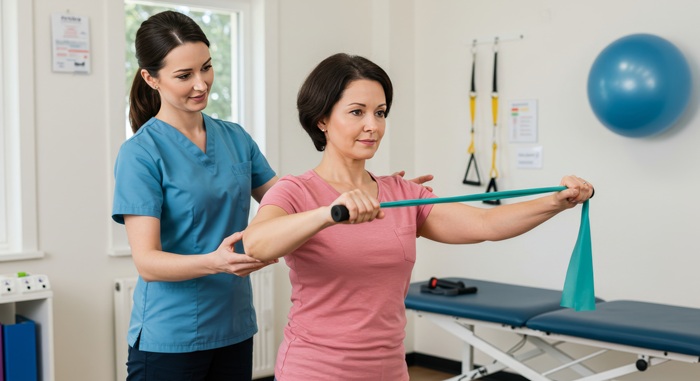 Chiropractor coaching a patient through a rehabilitation exercise in Tucson AZ