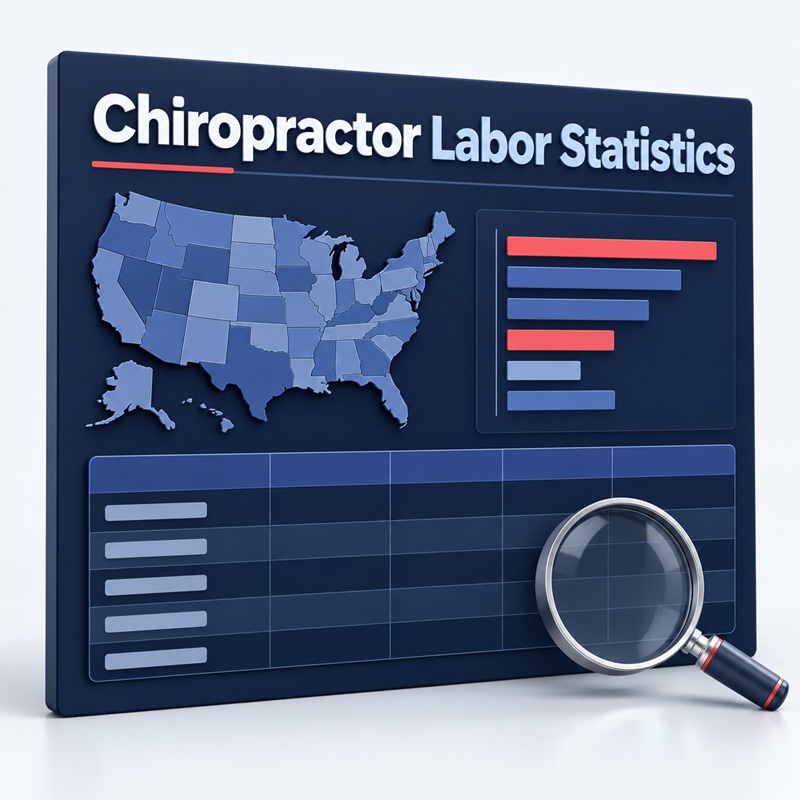 Chiropractor labor statistics dashboard with a U.S. map, charts, and table