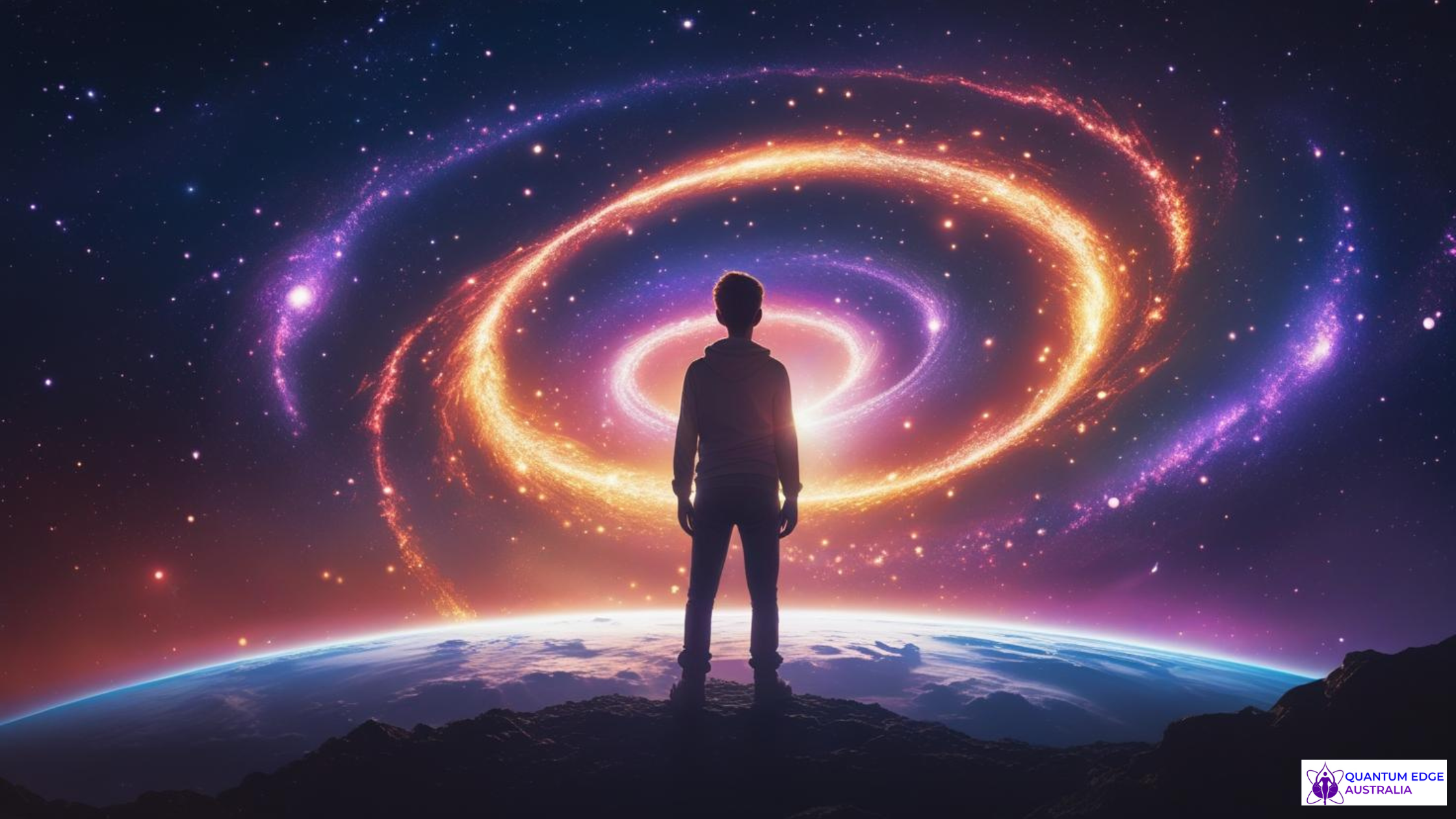 Starseed entrepreneur awakening to cosmic mission under galactic sky