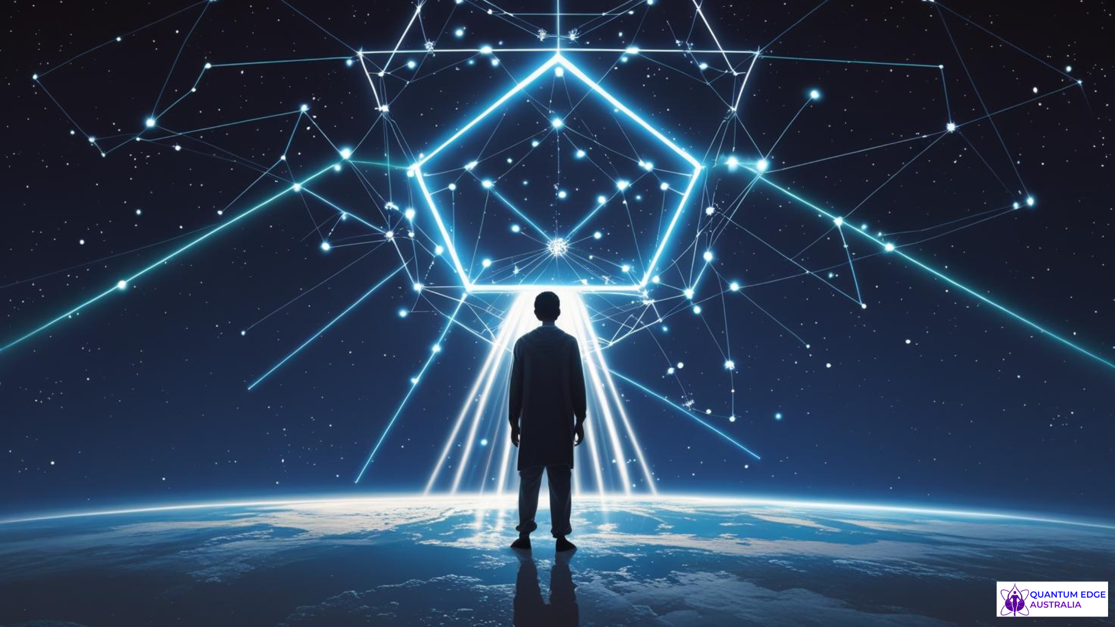 Silhouette on Earth under constellation‑formed star‑gate, symbolizing preparation for galactic citizenship and spiritual evolution