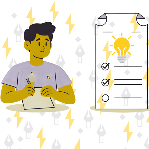 Idea Snapshot: young creator sketching beside a one-line product card showing offer, MVP promise and checkboxes for mission clarity.