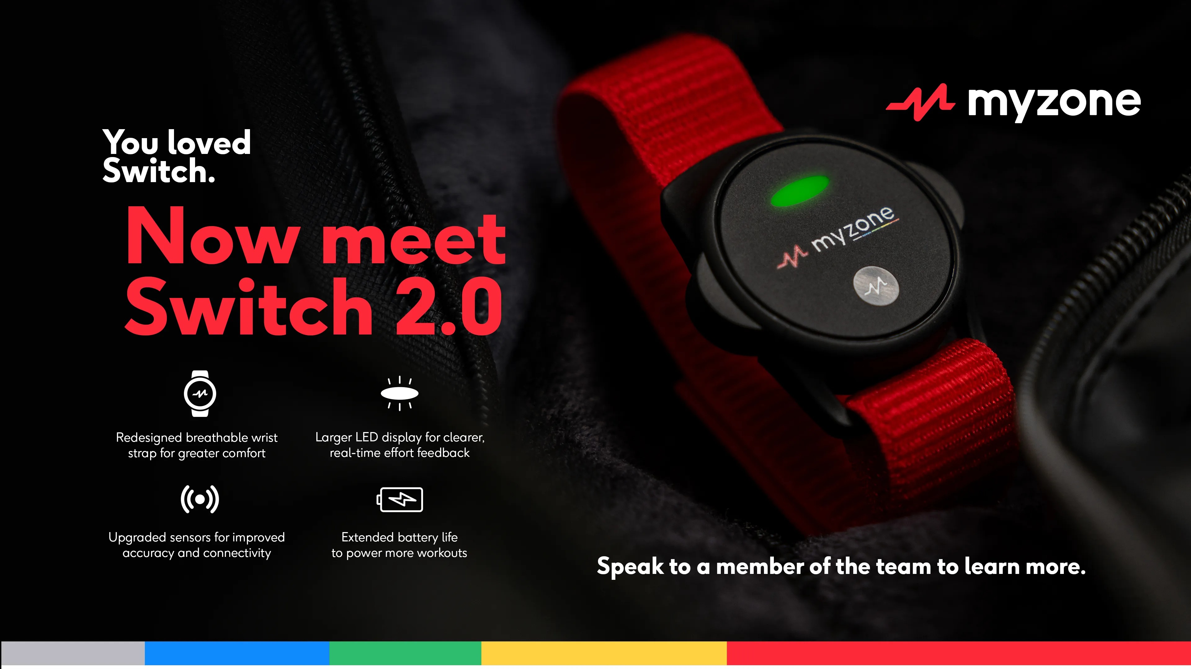 Myzone Switch 2.0 heart rate monitor in all three wear positions: chest, arm, and wrist