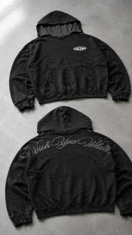 Flat lay of two black embroidered Wish U Well hoodies