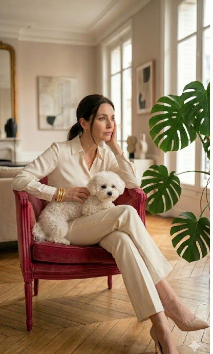 femme blanche fauteuil rouge