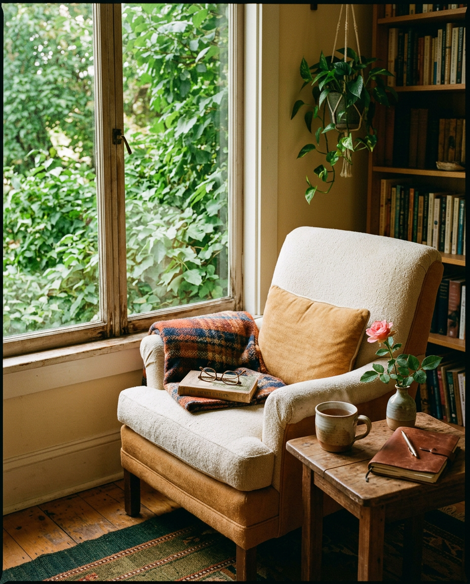 Small wooden table with ceramic vessel and open book, morning light in a blush interior