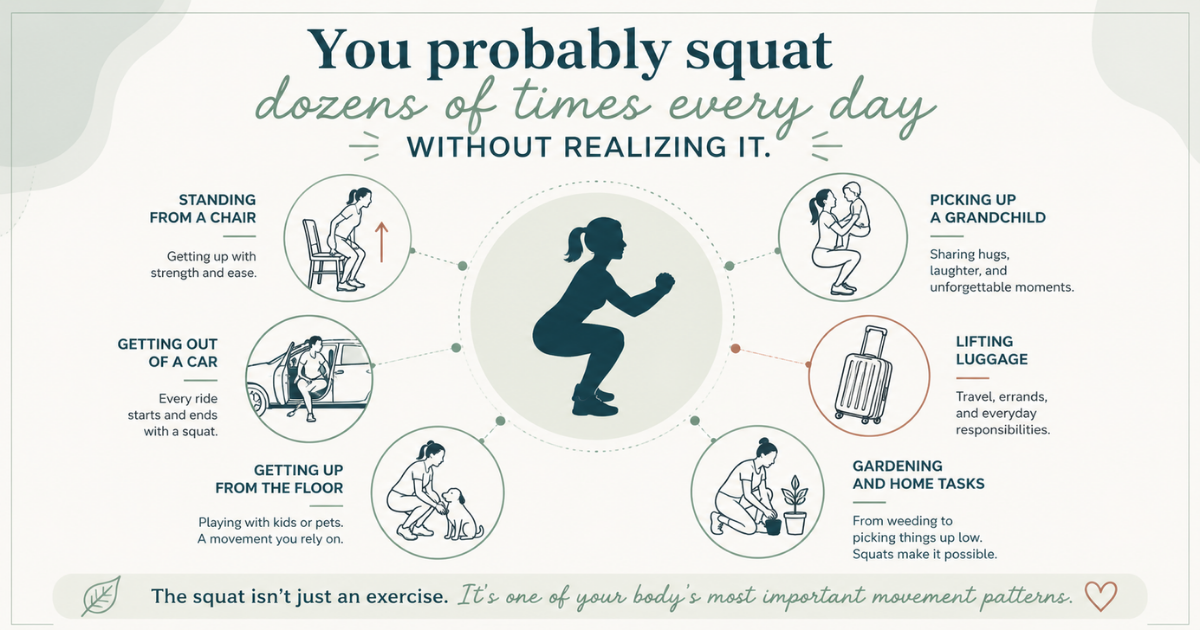 Infographic showing everyday activities that all require the squat movement pattern, including standing from a chair, getting out of a car, getting up from the floor, lifting a grandchild, lifting luggage, and gardening. Infographic showing everyday activities that all require the squat movement pattern, including standing from a chair, getting out of a car, getting up from the floor, lifting a grandchild, lifting luggage, and gardening.