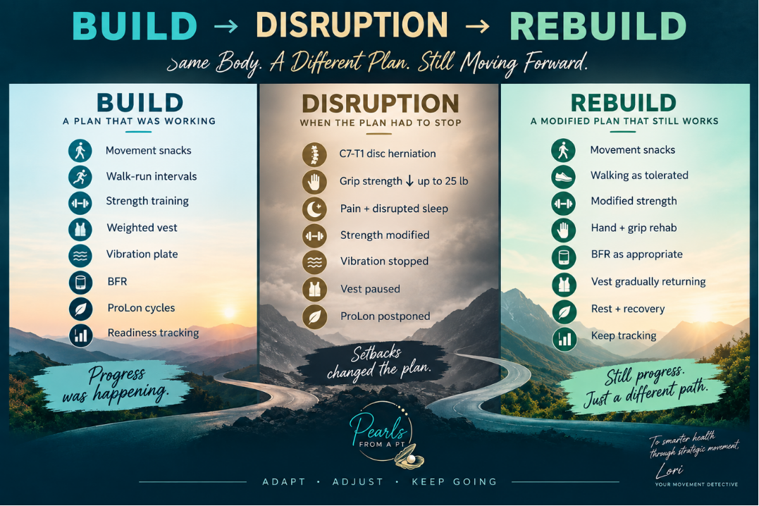 Build, disruption and rebuild timeline showing how Lori Diamos modified movement after a C7-T1 disc herniation. Build, disruption and rebuild timeline showing how Lori Diamos modified movement after a C7-T1 disc herniation.