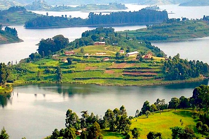 Islands and cultivated hills on Lake Bunyonyi, south-west Uganda