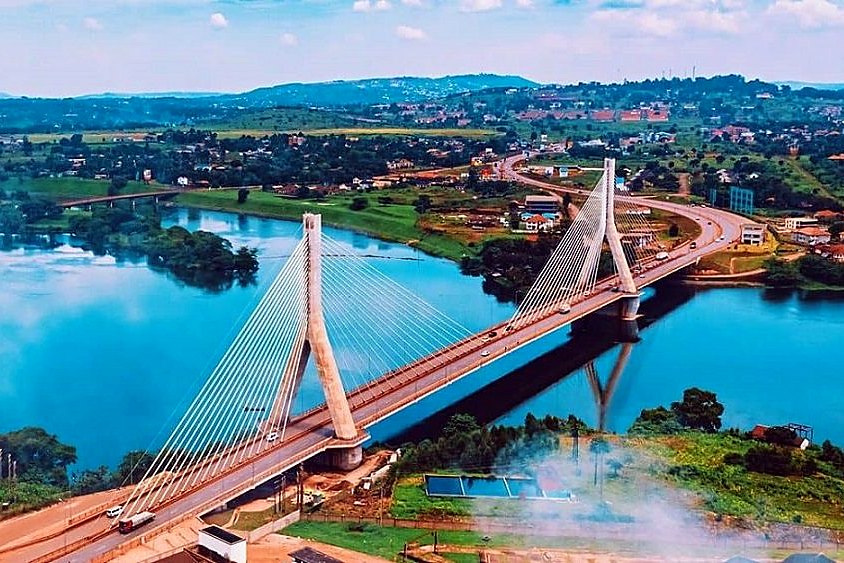 The bridge over the Nile at Jinja, with the river and town beyond