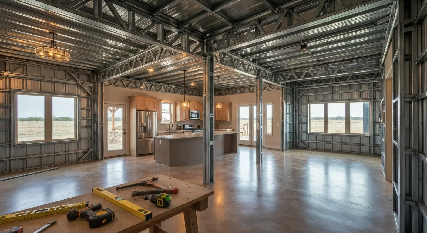 Metal building barn-style home with modern interior