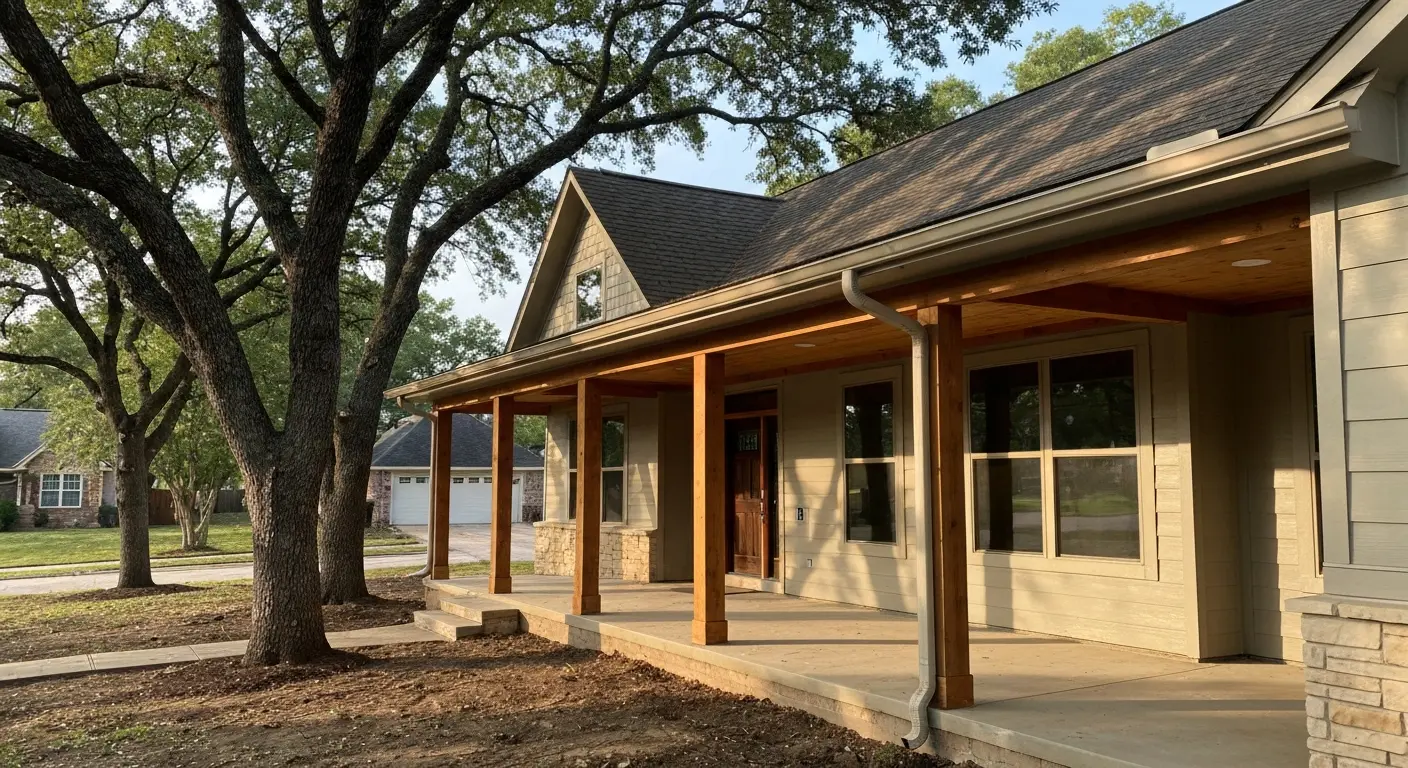 Well-designed home with covered porch and shade trees