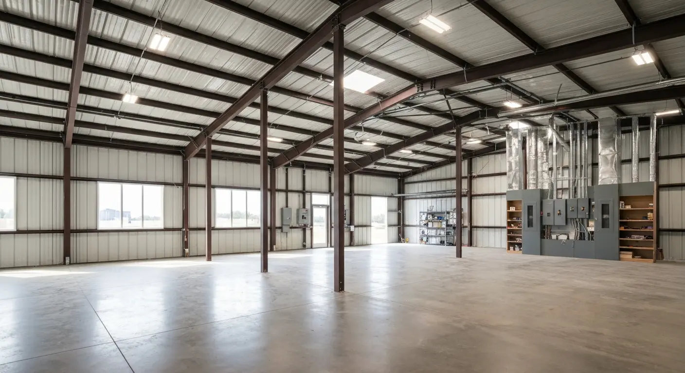 Interior of open-concept metal building with modern finishes