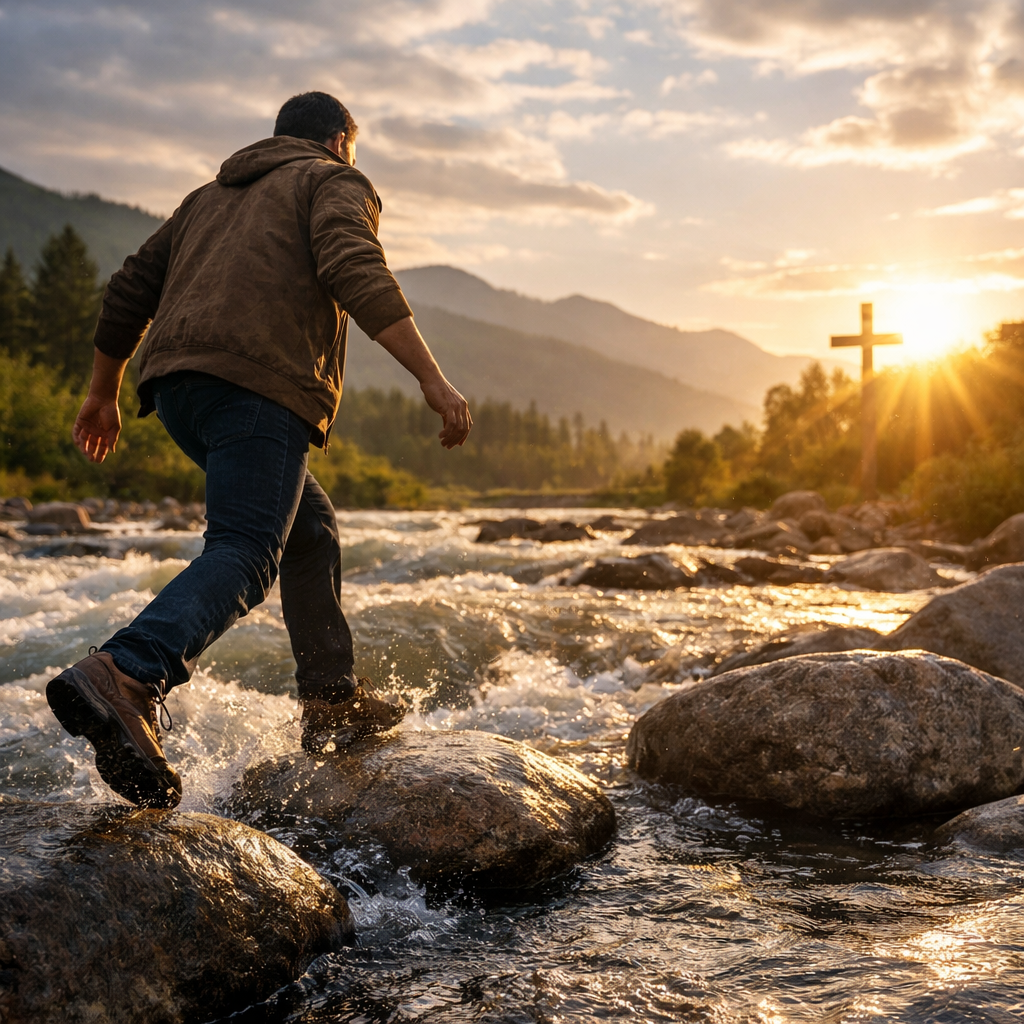 walking on rocks in river