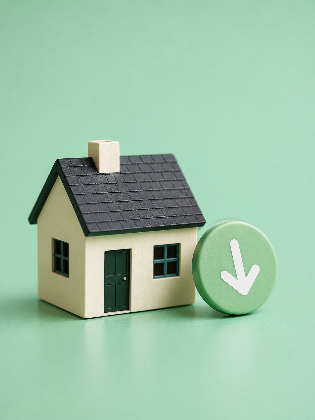 Model house beside a downward arrow