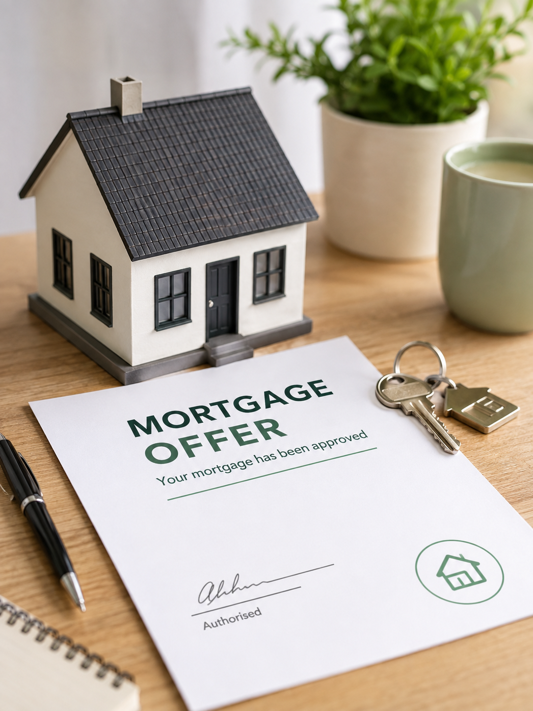 House, mortgage paperwork and keys representing mortgage completion