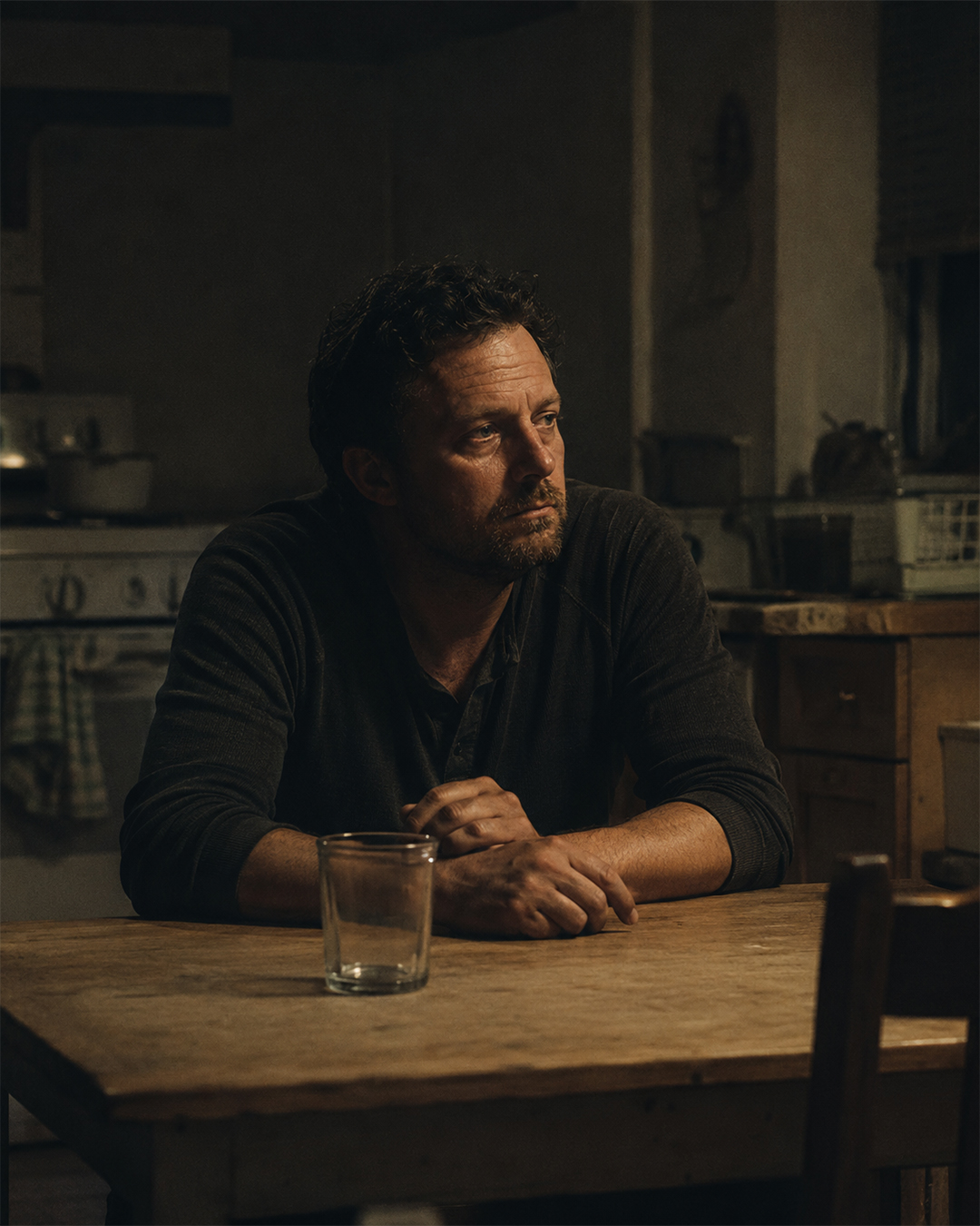 A man sits alone at his kitchen table late at night under a single lamp, staring at nothing.