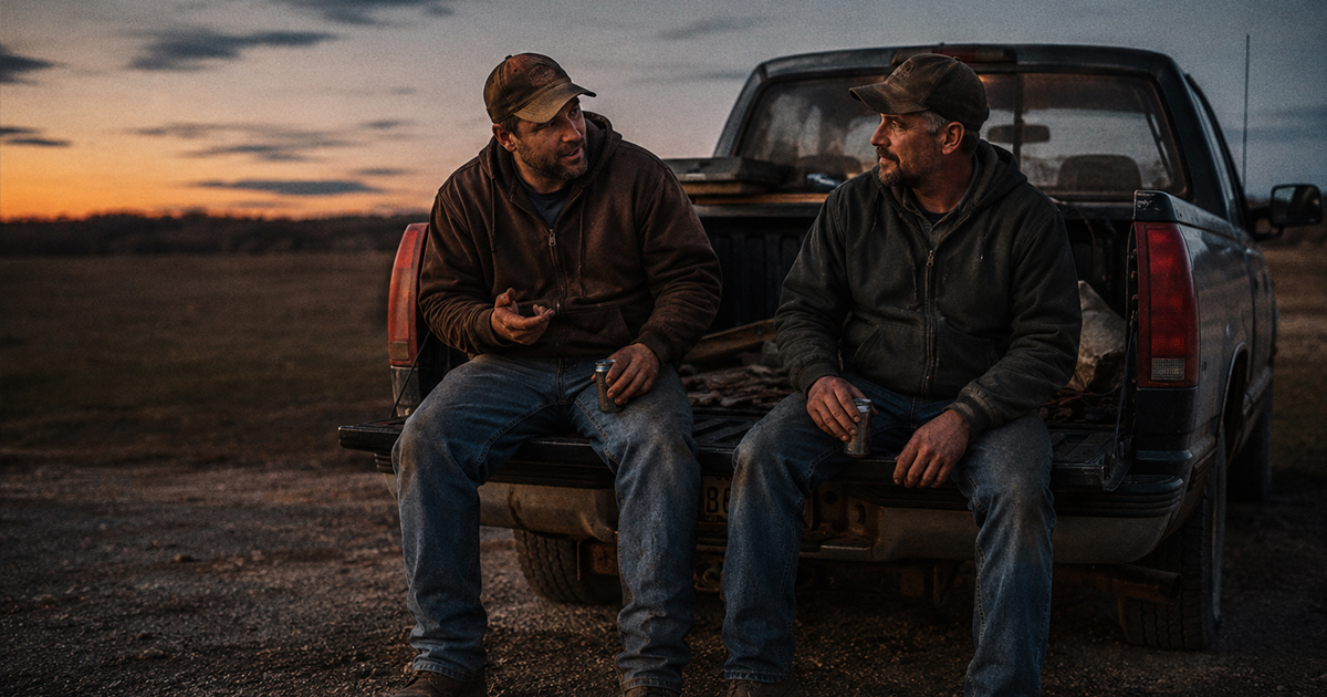 Two men sit on a truck tailgate at dusk, one talking and the other listening.
